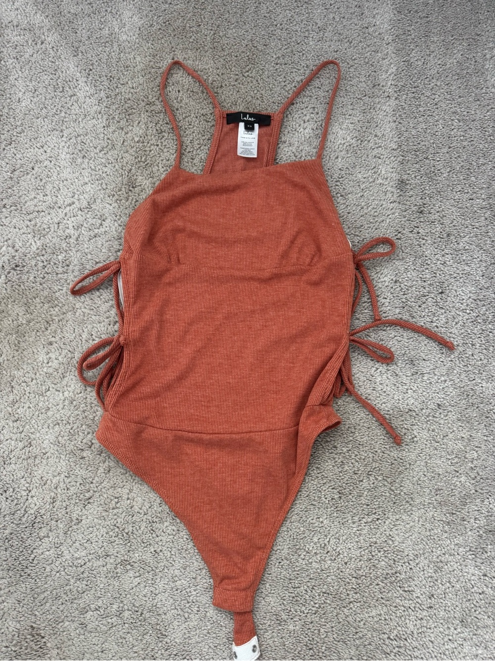 Lulu's Burnt Orange Ribbed Bodysuit with Side Ties